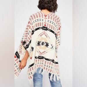Free People Canyonland Fuzzy Fringe Southwestern Kimono Poncho Cream One Size